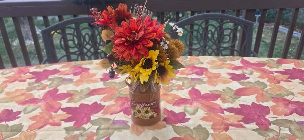 Fall  Bundle with Autumn Tablecloth, Metal Milk Can Vase and Flowers